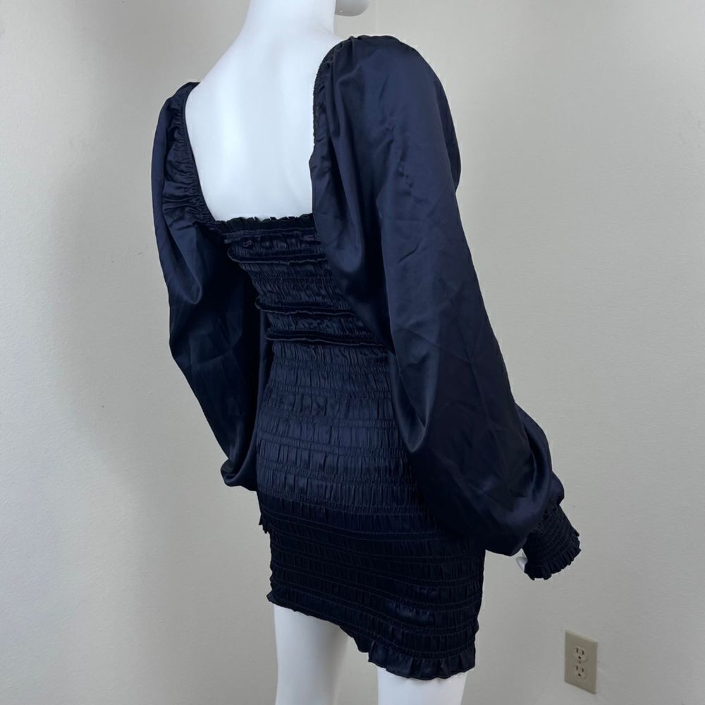 Dress Forum Women Size S Blue Smocked Satin Pullover Long Sleeve Mini NEW Dress - Picture 10 of 15